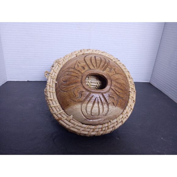 Vintage Indonesian Natural Carved Wood and Rattan Basket Tissue Dispenser - Picture 6 of 8